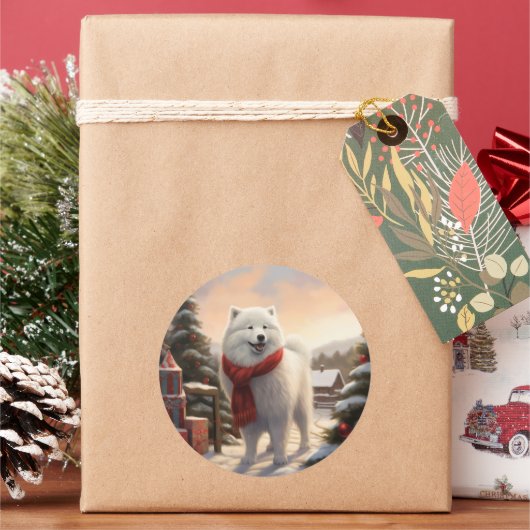 サモエド犬と雪のクリスマス ラウンドシール (クリスマス)