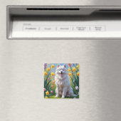 サモエド犬の春の花の絵 マグネット (インサイチュ (食洗機))