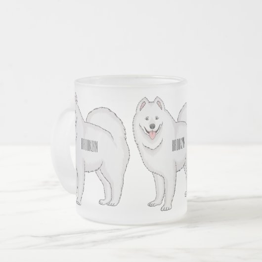 サモエド犬の漫画イラストレーション フロストグラスマグカップ (正面左)