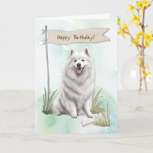 サモエド犬は誕生日標識の下でアウトドアを育てる カード (黄色い花)