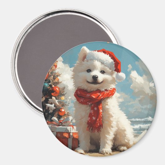 サモエド犬 クリスマス ヴィンテージ ビーチ マグネット (正面/裏面)