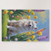 サモエド犬 春の花の絵画 ジグソーパズル (横)