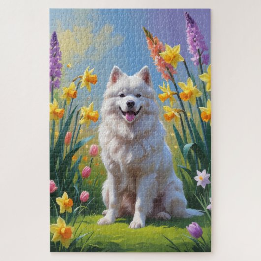 サモエド犬 春の花の絵画 ジグソーパズル (縦)