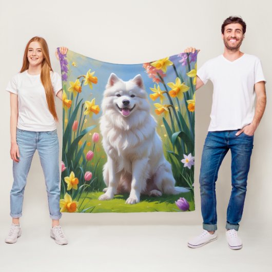 サモエド犬 春の花の絵 フリースブランケット (インサイチュ)