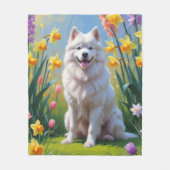 サモエド犬 春の花の絵 フリースブランケット (正面)