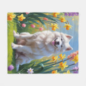 サモエド犬 春の花の絵 フリースブランケット (正面(横))