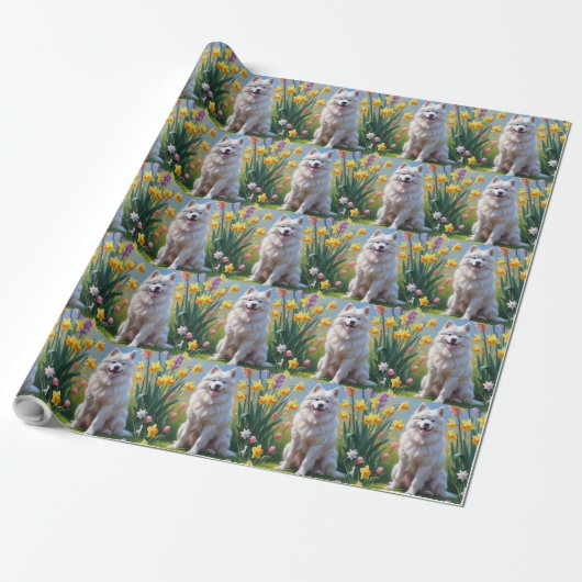 サモエド犬 春の花の絵 ラッピングペーパー (アンロールド)