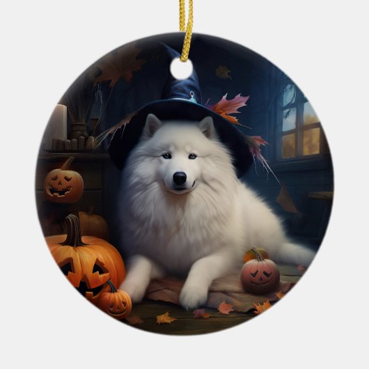 サモエド かぼちゃ ハロウィン おばけ セラミックオーナメント (正面)