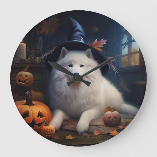 サモエド かぼちゃ ハロウィン おばけ ラージ壁時計 (正面)