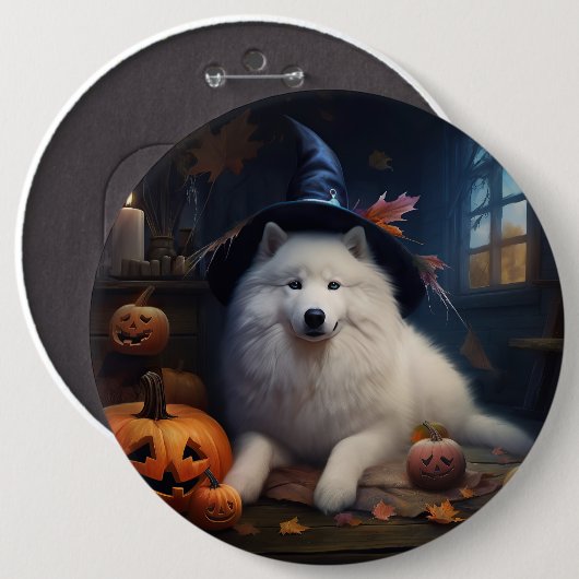 サモエド かぼちゃ ハロウィン おばけ 缶バッジ (正面&裏面)