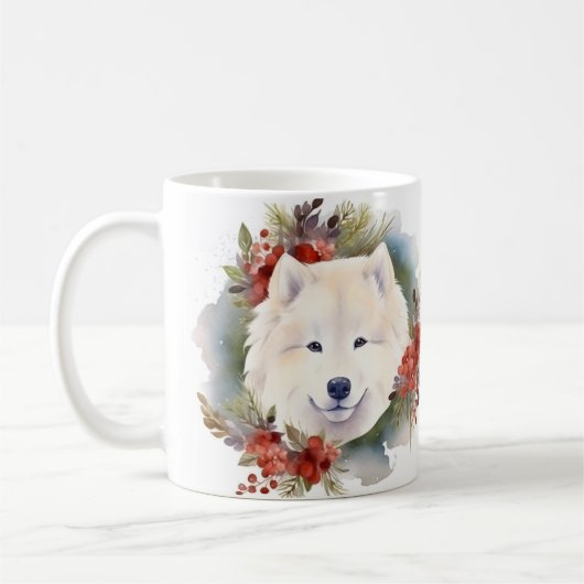 サモエド クリスマスリース 陽気な犬 コーヒーマグカップ (左)
