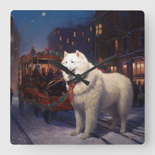 サモエド クリスマス スクエア壁時計 (正面)