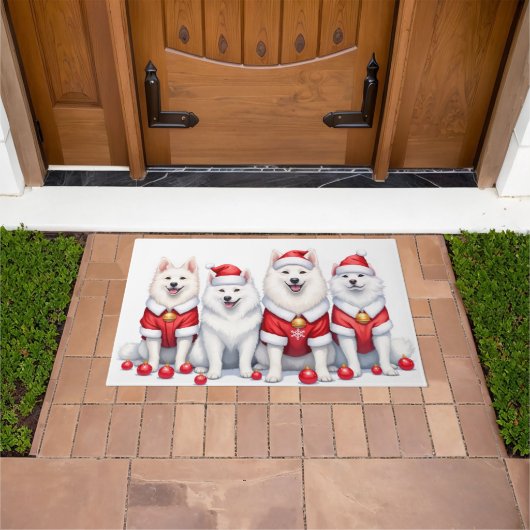 サモエド クリスマス ドレス サンタ帽子 ドアマット (室外)