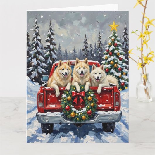 サモエド クリスマス 赤いトラック ホリデー カード (黄色い花)