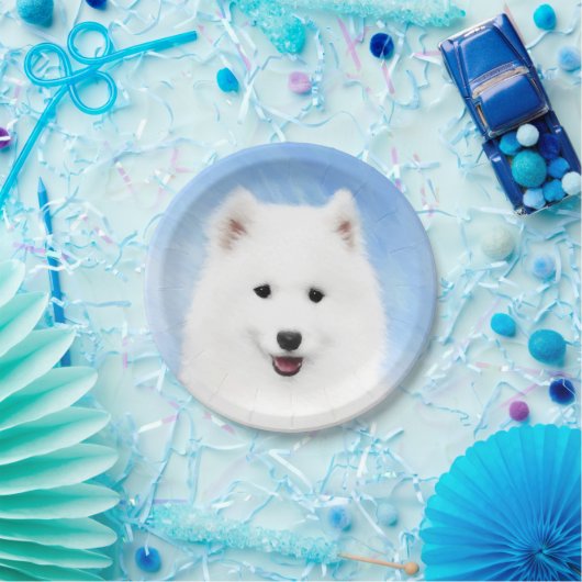 サモエド·パ絵画ピーさん-かわいいオリジナル犬の絵 ペーパープレート (パーティー)