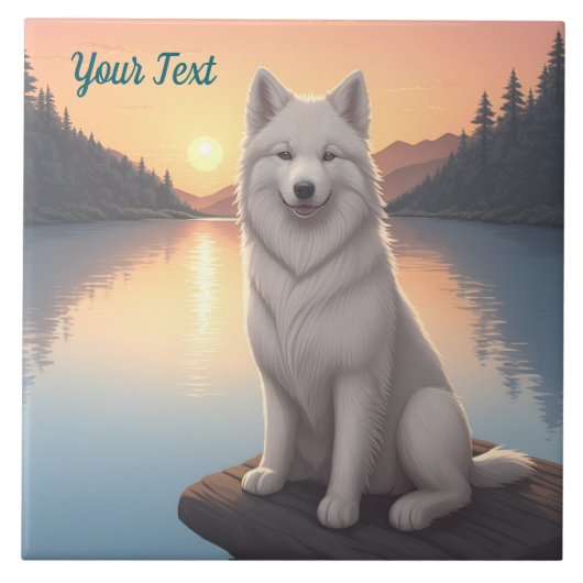 サモエド（犬種） 湖畔で タイル (正面)