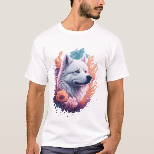 サモエド 花 スプラッシュの肖像画 Tシャツ (正面)