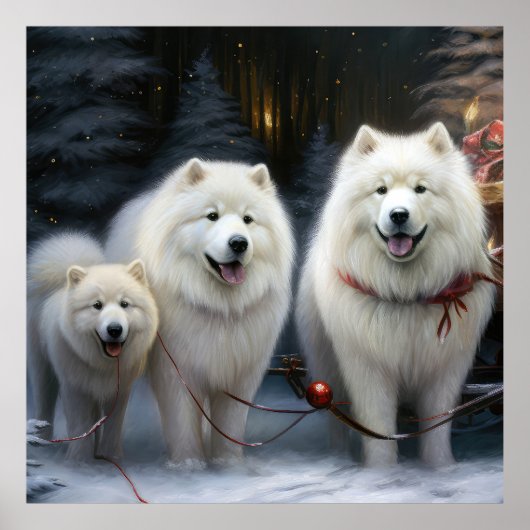 サモエド 雪のそりクリスマスの飾り ポスター (正面)