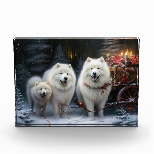 サモエド 雪のそり クリスマスの飾り付け フォトブロック (正面)