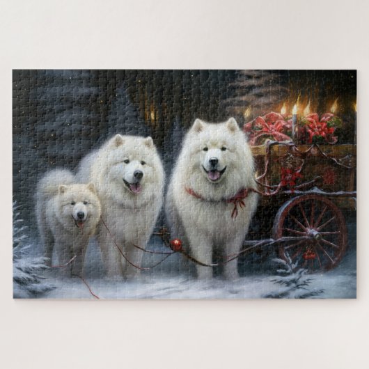 サモエド 雪のそり クリスマスの飾り ジグソーパズル (横)