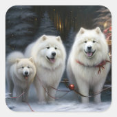 サモエド 雪のそり クリスマスの飾り スクエアシール (正面)