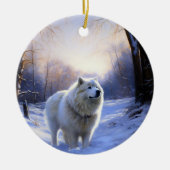 サモエド 雪を降らせて クリスマス セラミックオーナメント (正面)