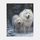 サモエド 雪景色 スリ―ジ クリスマスの飾り フリースブランケット (正面)