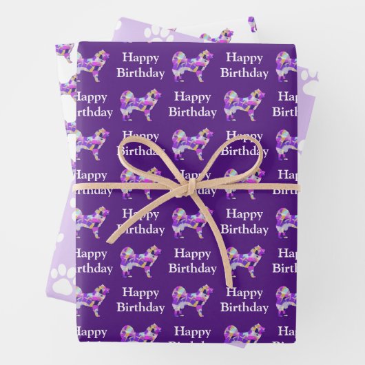 サモエードドッグシルエットパープルハッピーバースデー ラッピングペーパーシート (インサイチュ)