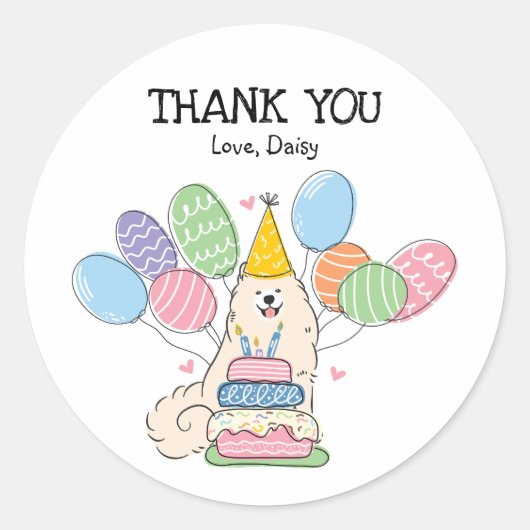 サモエードドッグ誕生日パーティーメッセージカードシール ラウンドシール (正面)