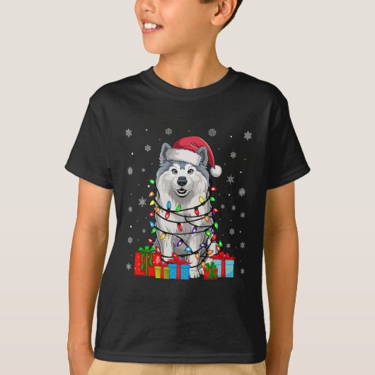 サモエードドッグ醜いクリスマスライトサンタハットサモエードドッグ Tシャツ (正面)