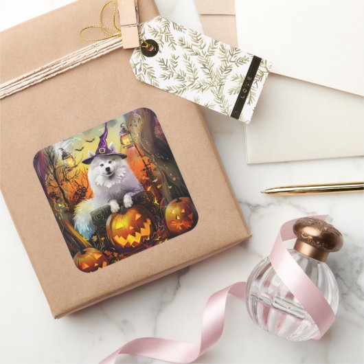 サモ不気味イド犬ハロウィーン魔女とカボチャ スクエアシール (ギフト)