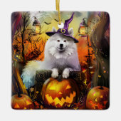 サモ不気味イド犬ハロウィーン魔女とカボチャ セラミックオーナメント (正面)