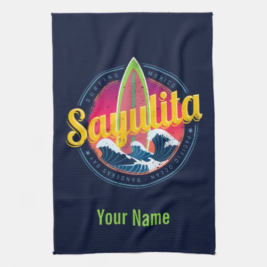 サユリタメキシコサーファーヴィンテージウェーブサンセットビグウェブ キッチンタオル (縦)