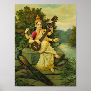サラスワティ音楽の女神Raja Ravi Varma著 ポスター