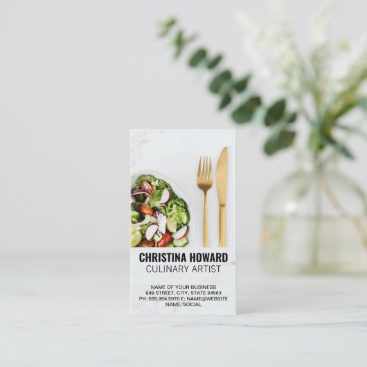 サラダと金ゴールド銀器を大理石に 名刺 (スタンド正面)