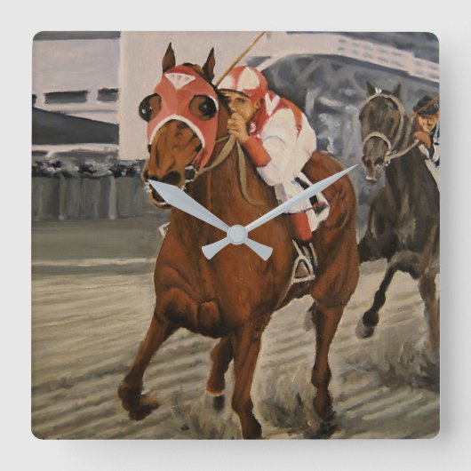 サラブレッドが競馬で勝利するスクエアウォールクロック スクエア壁時計 (正面)