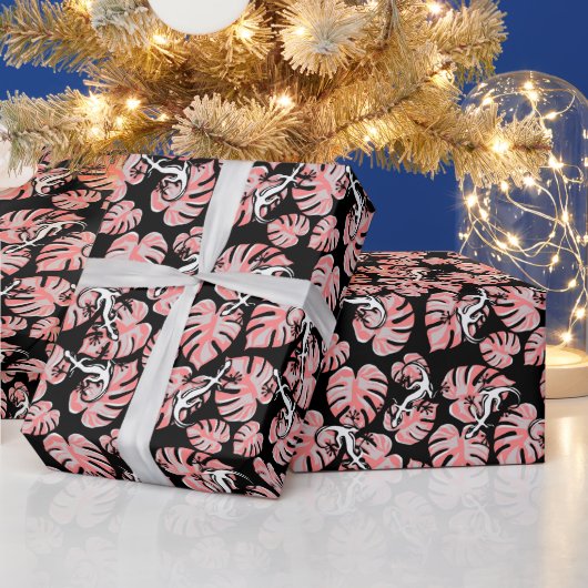 サラマンダーとピンク葉色の繰り返しパターン ラッピングペーパー (クリスマス)
