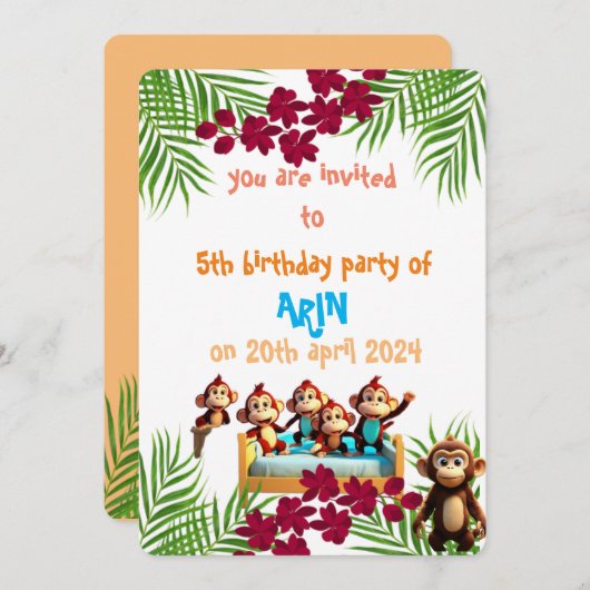 サルいけなファミリー子供の誕生日 招待状 (正面/裏面)