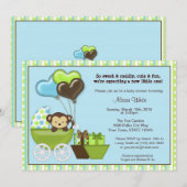 サルが乗ったベビーカーのベビーシャワー招待状 ブルーグリーン 招待状 (正面/裏面)