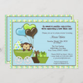 サルが乗ったベビーカーのベビーシャワー招待状 青 緑 招待状 (正面/裏面)