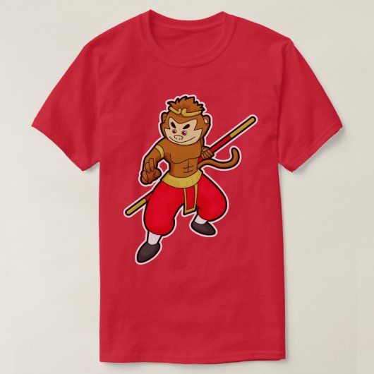 サルが戦士としてスタッフヘッドを持つ Tシャツ (デザイン正面)