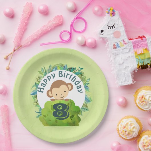 . .サルが茂みの背後からのぞき出す誕生日 ペーパープレート (パーティー)