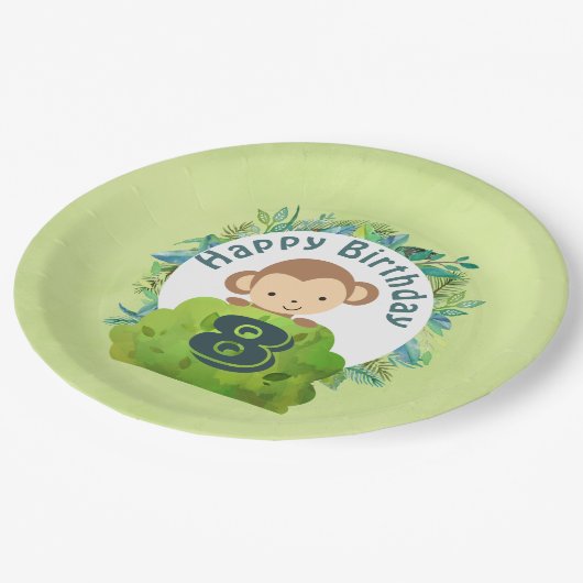 . .サルが茂みの背後からのぞき出す誕生日 ペーパープレート (アングル)