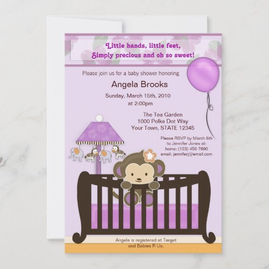 サルちゃんのベビーシャワー招待状 ラベンダー CJL 招待状 (正面)