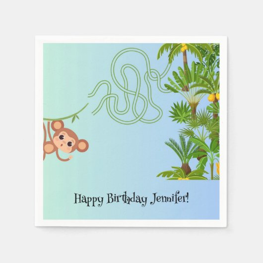 サルとバナナ迷路の誕生日紙ナプキン スタンダードカクテルナプキン (正面)