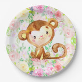 サルと花の女の子の赤ちゃんシャワー紙プレート。 ペーパープレート (正面)