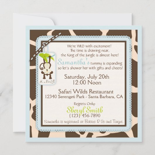 サルのおしゃぶりサファリジャングルのベビーシャワー 招待状 (裏面)