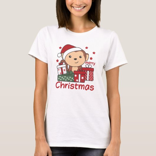 サルのクリスマスプレゼント冬動物サル Tシャツ (正面)