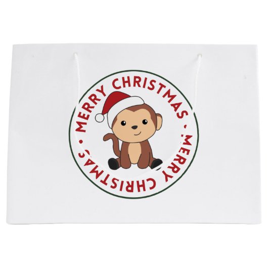 サルのクリスマス雪の冬の動物サル大 ラージペーパーバッグ (正面)