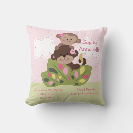 「サルのパーソナライズされた少女姉妹」の形見枕 クッション (正面)